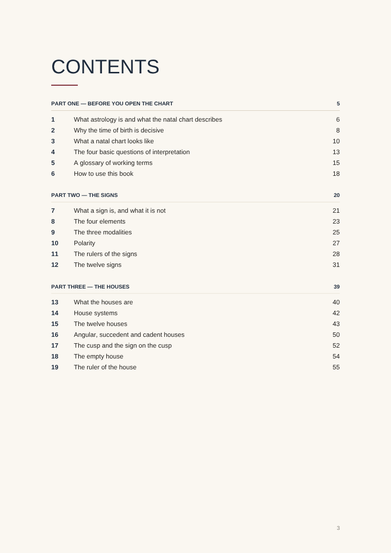 Contents, page 1, from Natal Astrology: Learn to Read a Natal Chart from the Beginning